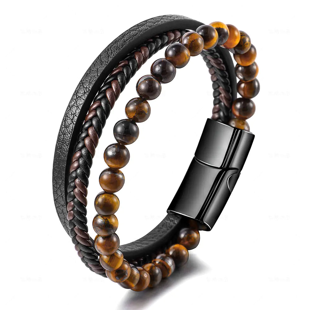 Men's Stainless Steel Bracelet with Tiger Eye Beads
