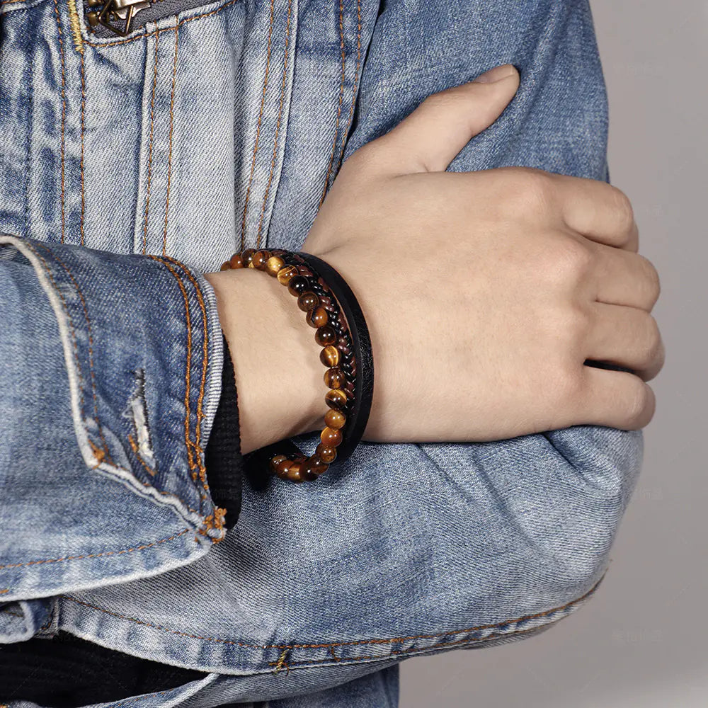 Men's Stainless Steel Bracelet with Tiger Eye Beads